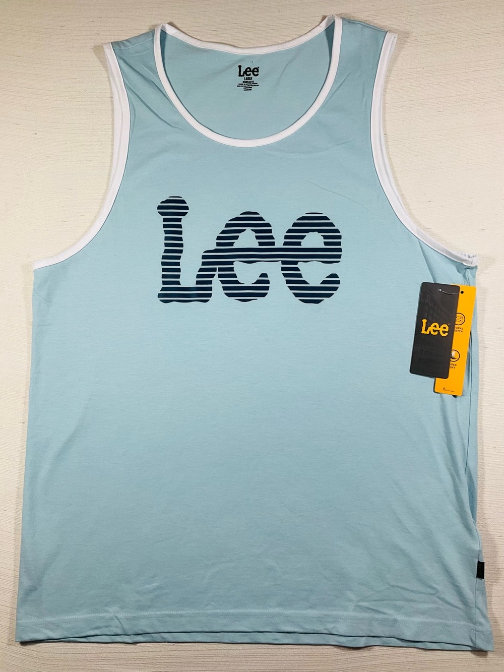 NWT LEE Men’s Light Blue Tank Top with Navy Striped Logo Large Beach Gym Summer